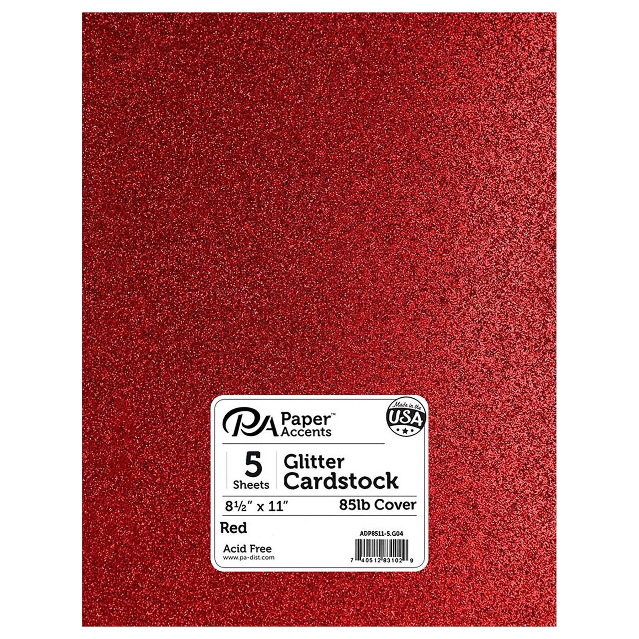 PA Paper Accents Glitter Cardstock 8.5" x 11" Red, 85lb colored cardstock paper for card making, scrapbooking, printing, quilling and crafts, 5 piece pack